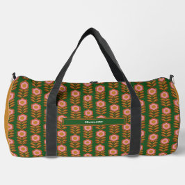 Bolso De Deporte Grande Flores de época, rosa sobre retro verde monogramad