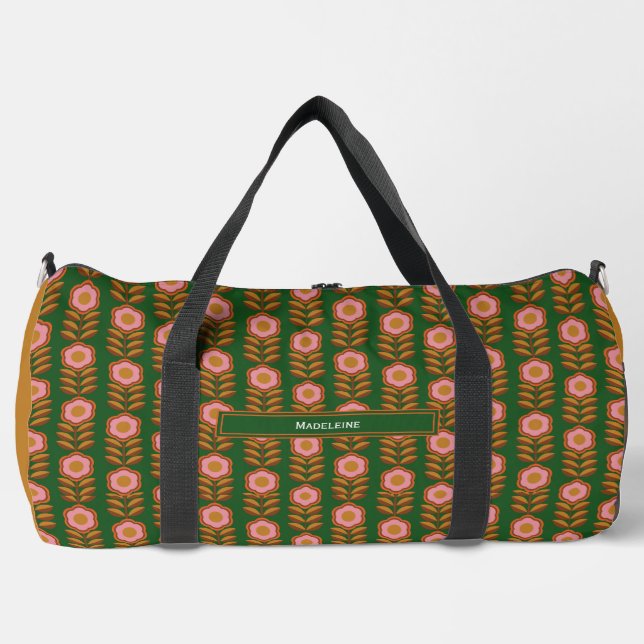 Bolso De Deporte Grande Flores de época, rosa sobre retro verde monogramad (Anverso)