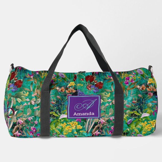 Bolso De Deporte Grande Flores dulces hojas monograma turquesa impreso (Anverso)