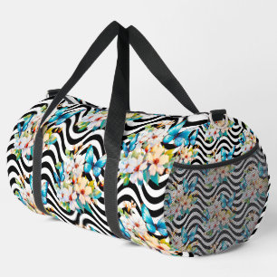 Bolso De Deporte Grande Flores Mariposas Bandejas onduladas negras y blanc