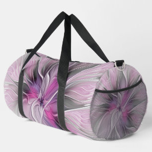 Bolso De Deporte Grande Fractal Floral Moderno Abstracto Flor Rosa Gris