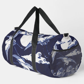 Bolso De Deporte Grande Grullas blancas vintage sobre azul marino oscuro