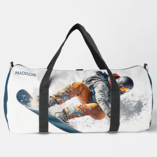 Bolso De Deporte Grande Ilustracion de Snowboard de texto y nombre persona