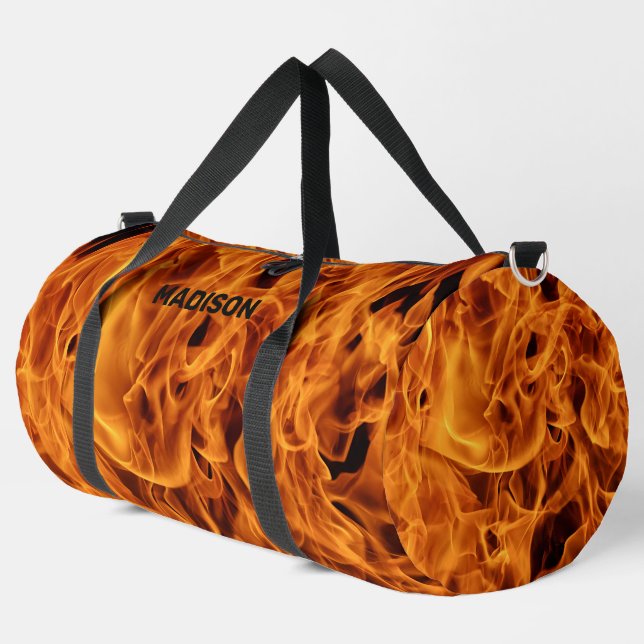 Bolso De Deporte Grande Llamas de incendio de nombre personalizado (Esquina izquierda)