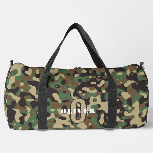 Bolso De Deporte Grande Marrón verde beige camo camuflaje Monograma nombre (Anverso)