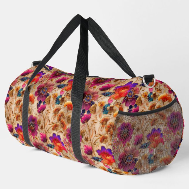 Bolso De Deporte Grande Moda crema morada patrón floral (Esquina derecha)