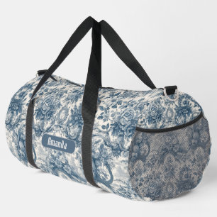 Bolso De Deporte Grande Monograma de tela azul de jouy floral vintage