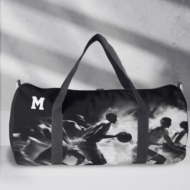 Bolso De Deporte Grande Monograma deportivo, blanco y negro, baloncesto (Personalized Monogram, Black and white Sport, basketball Duffel Bag.)