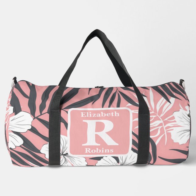 Bolso De Deporte Grande Monograma personalizado del hibisco rosa tropical (Anverso)