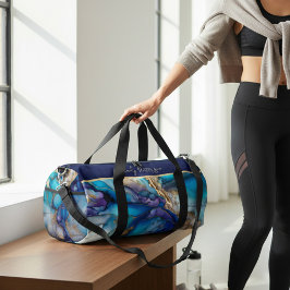 Bolso De Deporte Grande Nombre de guión de mármol líquido dorado azul Aqua