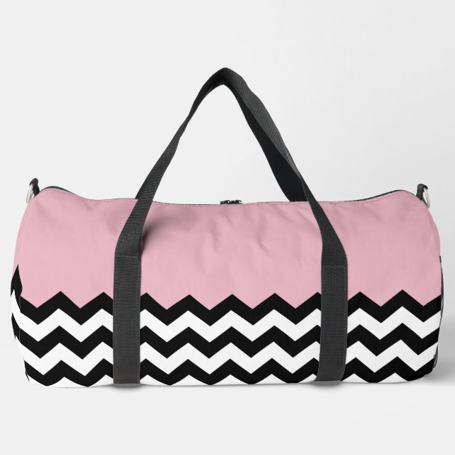Bolso De Deporte Grande Patrón de zigzag negro y blanco, chevron, rosa (Anverso)