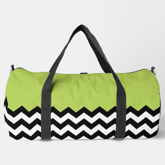 Bolso De Deporte Grande Patrón de zigzag negro y blanco, chevron, verde (Anverso)