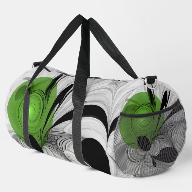 Bolso De Deporte Grande Resumen en blanco y negro con arte fractal verde (Esquina derecha)