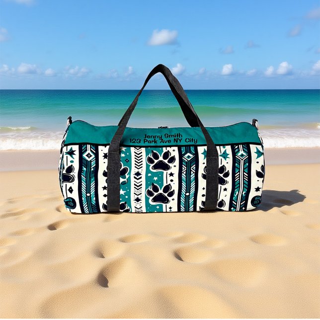 Bolso De Deporte Grande Tribal Paw Print Teal Monogram Personalize (Subido por el creador)
