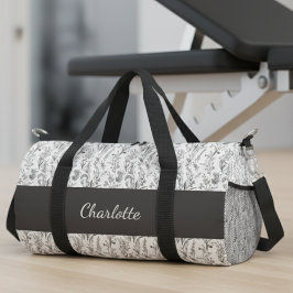 Bolso De Deporte Pequeño Black White Toile Floral Custom Name