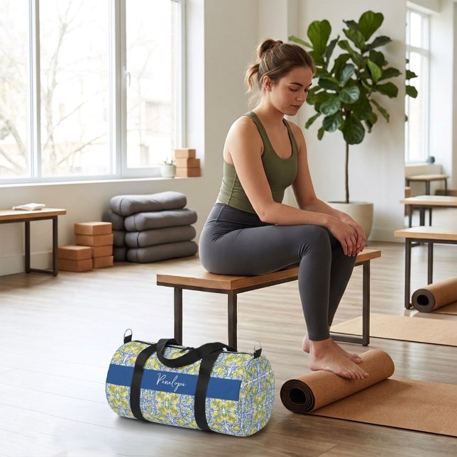 Bolso De Deporte Pequeño Blue and Yellow Mediterranean Tile Pattern (Mediterranean Blue Citrus Lemon Tile Pattern Duffle Bag)