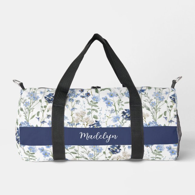Bolso De Deporte Pequeño Blue Watercolor Wildflower Monogram (Anverso)