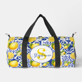 Bolso De Deporte Pequeño Blue White Lemon Tile Pattern Monogram Name Citrus