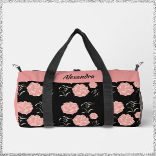 Bolso De Deporte Pequeño Bonito grandes rosas rosadas con follaje en negro