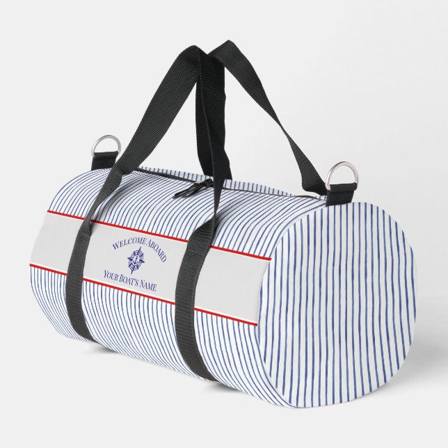 Bolso De Deporte Pequeño Coastal Stripe Monogram Boat Name Design (Esquina izquierda)
