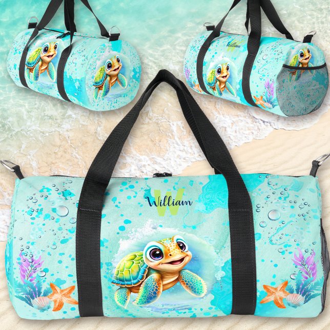Bolso De Deporte Pequeño Cuto Happy Turtle Boy Ocean Blue Turquoise Name (Cute Happy Turtle Boy Ocean Blue Turquoise Name Duffle Bag)