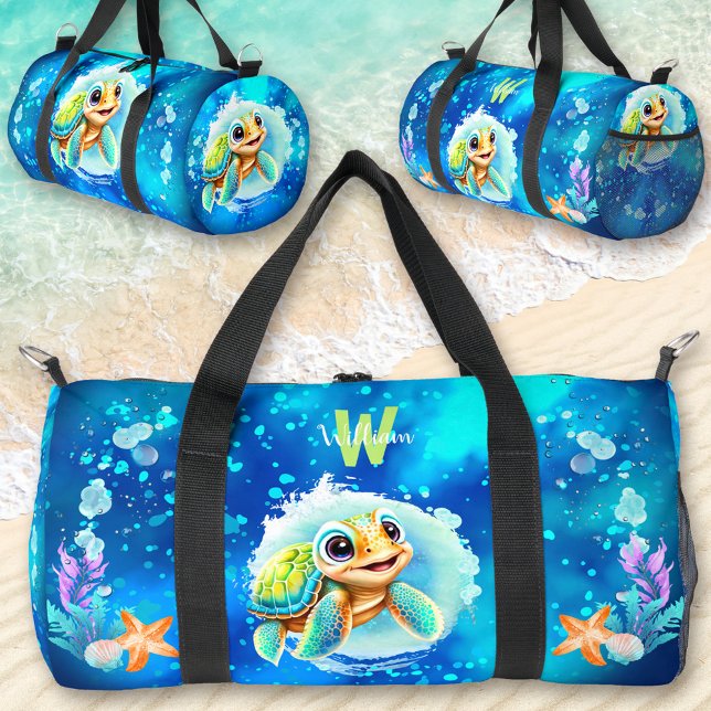 Bolso De Deporte Pequeño Cuto Happy Turtle Boy Ocean Name (Cute Happy Turtle Boy Ocean Blue Name Duffle Bag)