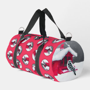 Bolso De Deporte Pequeño Downy Woodpecker en el alimentador rojo original d