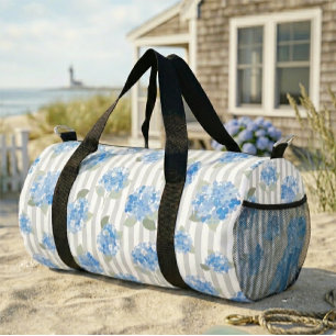 Bolso De Deporte Pequeño Elegante patrón de Hortensia Azul con franja Gris