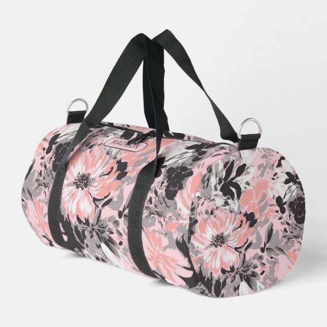 Bolso De Deporte Pequeño Elegante Patrón floral gris rosado Nombre personal (Esquina izquierda)