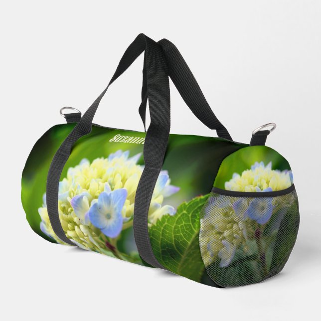 Bolso De Deporte Pequeño Flor de hidrangea azul de ensueño personalizada (Esquina derecha)