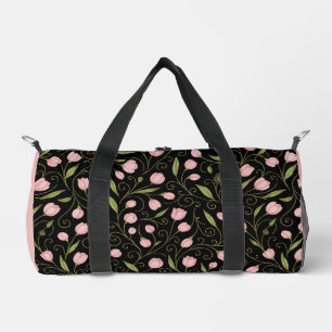 Bolso De Deporte Pequeño Flor rosa y cúrcuta sobre negro con patrón de repe