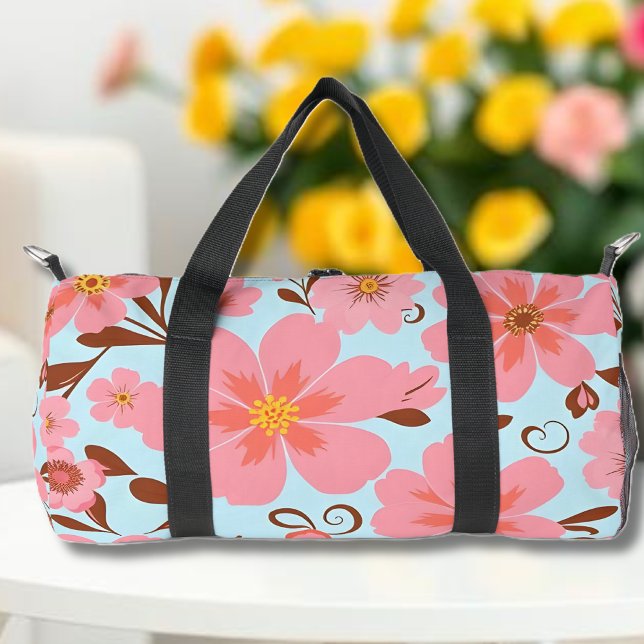 Bolso De Deporte Pequeño Florales rosadas- Flores Pastel Vibes-Retro (Pink Floral Mood –Pastel Vibes-Pastel pink blue and mocha chocolate- Duffle Bag )