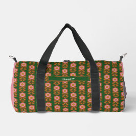 Bolso De Deporte Pequeño Flores de época, rosa sobre retro verde monogramad