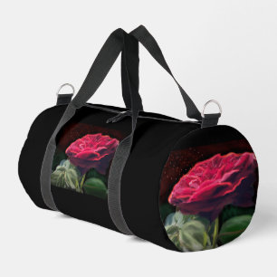 Bolso De Deporte Pequeño Flores rojas de flores verdes de arte negro floral