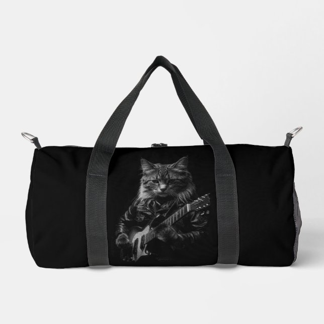 Bolso De Deporte Pequeño Gato con chaqueta de cuero tocando guitarra eléctr (Anverso)