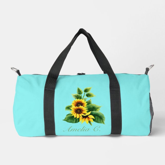 Bolso De Deporte Pequeño Girasol de bonito y nombre en fondo Verde azulado (Anverso)