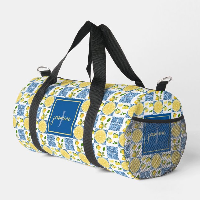 Bolso De Deporte Pequeño Lemon Monogram Name French Country Tile Pattern (Esquina derecha)
