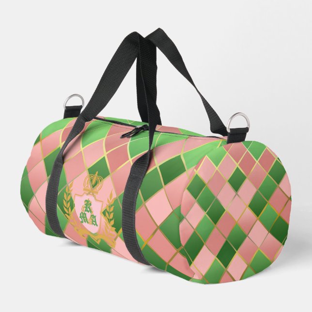 Bolso De Deporte Pequeño Luxe Chic Preppy Pink Green Argyle Monogram Crest (Esquina izquierda)
