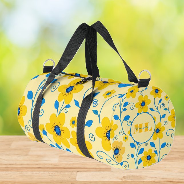 Bolso De Deporte Pequeño Mantequilla monograma amarillo y azul floral (Monogram Butter Yellow and Blue Floral Duffle Bag)