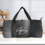 Bolso De Deporte Pequeño Monograma blanco gris Metalizado cepillado negro c<br><div class="desc">Esta bolsa de papel personalizada incluye un monograma y un nombre en un guión moderno en blanco y gris sobre un elegante fondo metalizado negro de imitación.</div>