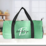 Bolso De Deporte Pequeño Monograma blanco negro Metalizado cepillado verde<br><div class="desc">Este bolso de duffel personalizado presenta un monograma y un primer nombre en un moderno guión en blanco y negro sobre un fondo metalizado de imitación verde de menta de vidrio.</div>