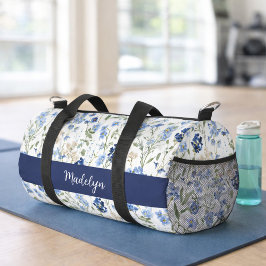 Bolso De Deporte Pequeño Monograma de flor silvestre acuarela azul