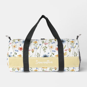 Bolso De Deporte Pequeño Monograma de flores silvestres acuarela azul amari
