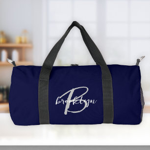 Bolso De Deporte Pequeño Monograma de letra cursiva gris azul marino y blan
