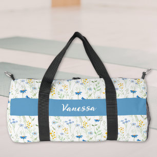 Bolso De Deporte Pequeño Monograma de nombre de flor silvestre acuarela azu