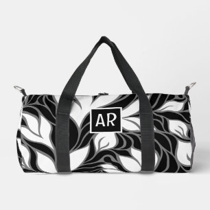 Bolso De Deporte Pequeño Monograma de patrón floral moderno en blanco y neg