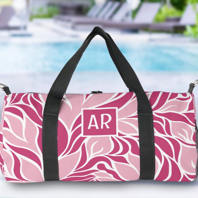 Bolso De Deporte Pequeño Monograma del patrón floral moderno rosa y blanco  (Cool Pink & White Modern Floral Pattern Monogram Duffle Bag)