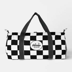 Bolso De Deporte Pequeño Monograma geométrico retro de cuadros negros y bla