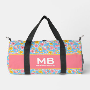 Bolso De Deporte Pequeño Monograma Girly Floral Rosa Azul Nombre Personaliz
