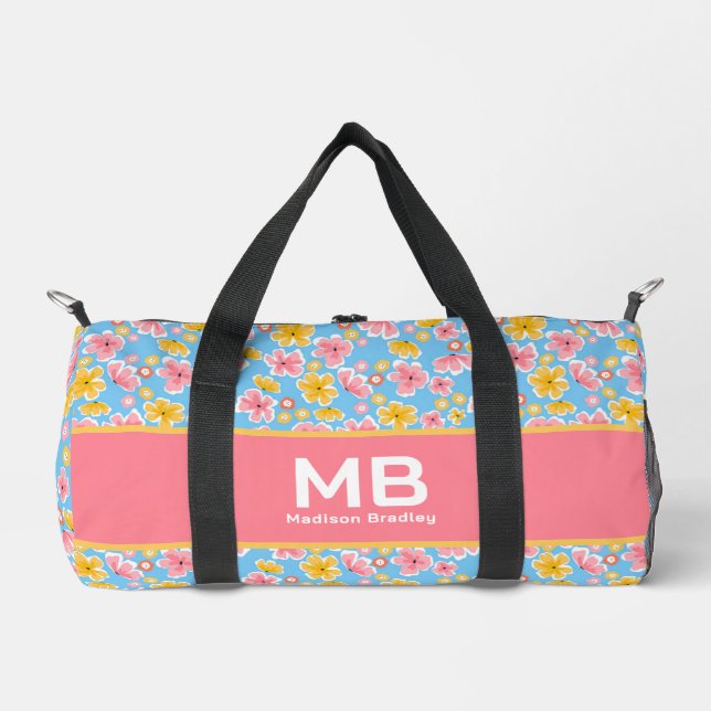 Bolso De Deporte Pequeño Monograma Girly Floral Rosa Azul Nombre Personaliz (Anverso)